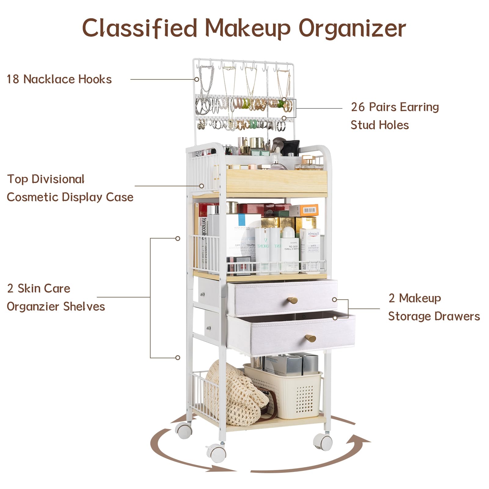 YGJT Makeup Organizer, Floor Skincare Cosmetics Organizer with Drawers, Jewelry Organizers and Storage for Earring Necklace, Vanity Organizer for Skin Care Perfume Makeup Brush Nail Polish Hair Tool