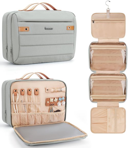 COOSKY Women's Hanging Toiletry Bag, Waterproof Travel Cosmetic Organizer with Jewelry Storage, Large Capacity Makeup Case for Full-Size Skincare & Bathroom Essentials, Portable Cosmetic kit, Grey