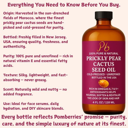Pomberries Prickly Pear Seed Oil | 100% Pure, Cold-Pressed & Unrefined, Prickly Pear Oil for Face, Skin & Hair, Helps Improve the Look of Fine Lines & Wrinkles | 4 fl oz Glass Bottle