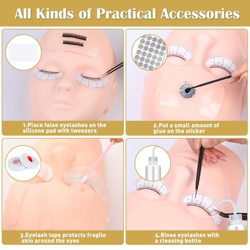 Eyelash Extension Kit for Beginners, Professional Lash Extension Kit with Mannequin Head, Lash Starter Kit with Lash Fan, Lash Extension Supplies for Practice Training Kit(Black)