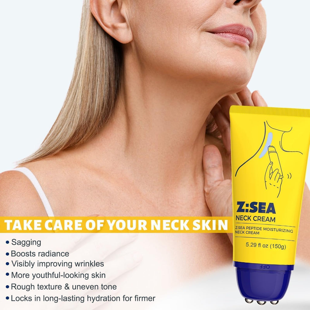 Z:SEA Neck Firming Cream with Roller, Anti-Aging, Smooths Neck Wrinkles, Improves Crepey Skin, Lifts & Firms Neck Skin, Tightening & Hydrating, Collagen, Multi Peptide, Hyaluronic Acid, 5.29 FL OZ