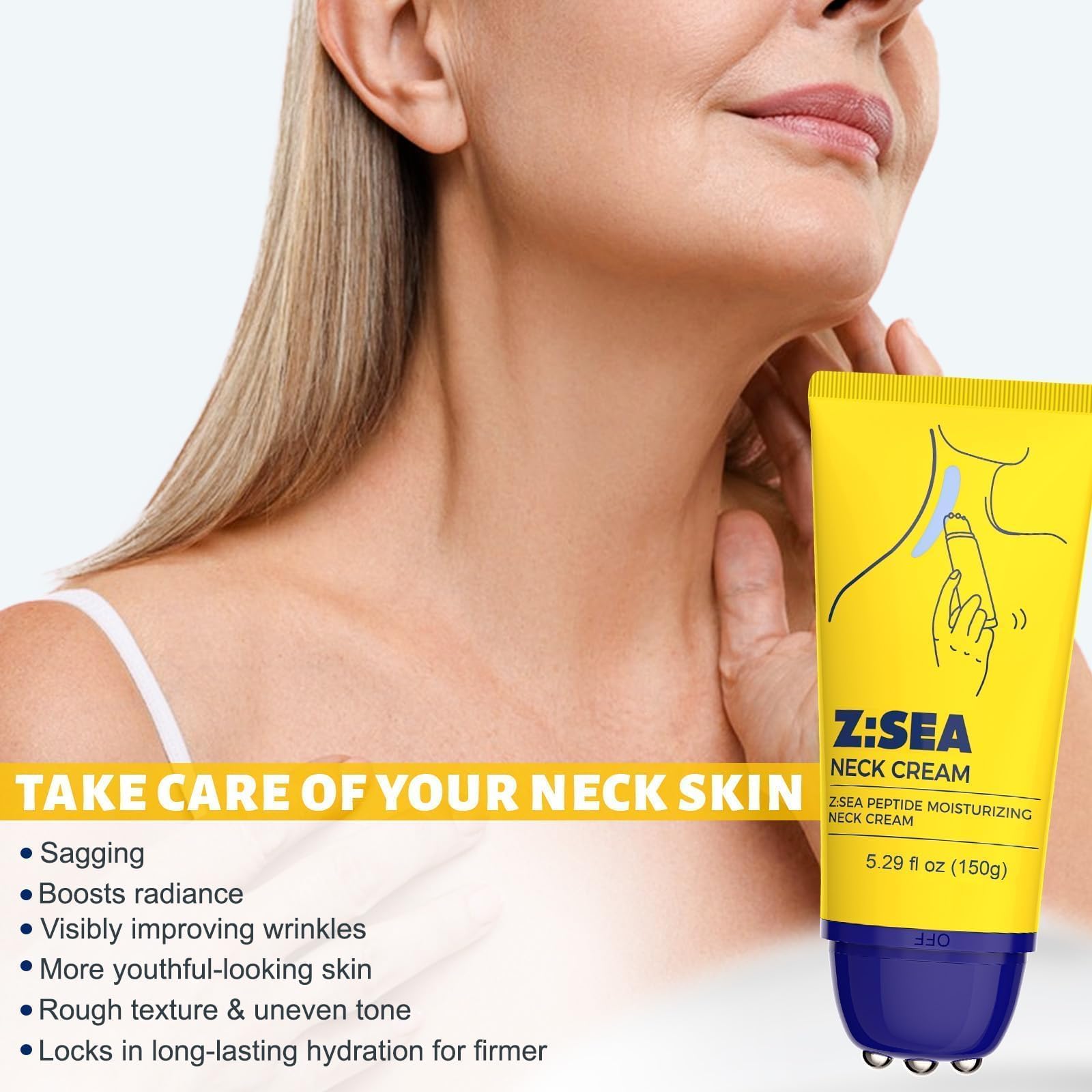 Z:SEA Neck Firming Cream with Roller, Anti-Aging, Smooths Neck Wrinkles, Improves Crepey Skin, Lifts & Firms Neck Skin, Tightening & Hydrating, Collagen, Multi Peptide, Hyaluronic Acid, 5.29 FL OZ