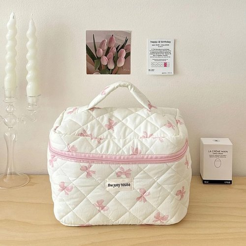 BILIPOPX Cute Makeup Bag Cotton Quilted Cosmetic Bag Floral Aesthetic Toiletry Bag Kawaii Puffy Coquette Travel Organizer Pouch Purse for Women (02Pink Bow)
