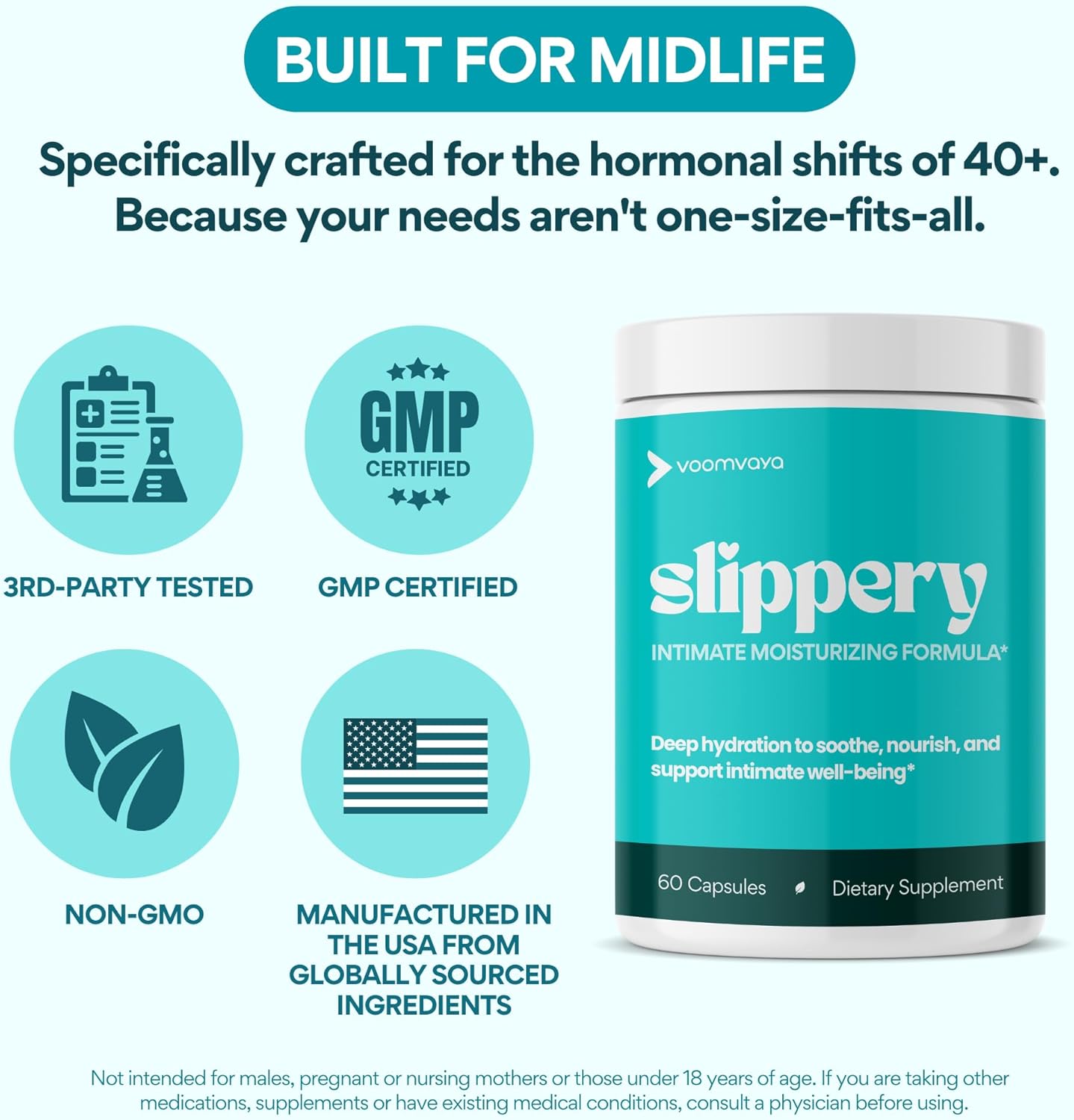 VoomVaya Vaginal Moisturizer - Slippery Elm Relief for Women Over 40 | 60 Capsules for Dryness