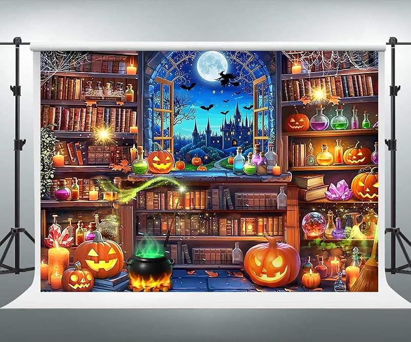 Halloween Magic Photography Backdrop 8x6 ft Witch Scene Window Bookshelf Banner - Folded