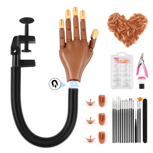 LIONVISON Practice Hand for Acrylic Nails: Magnetic Manicure Fake Nail Training Hand with Flexible Detachable Hand & 100 Strengthen Nail Tips for Nail Beginners (Brown)