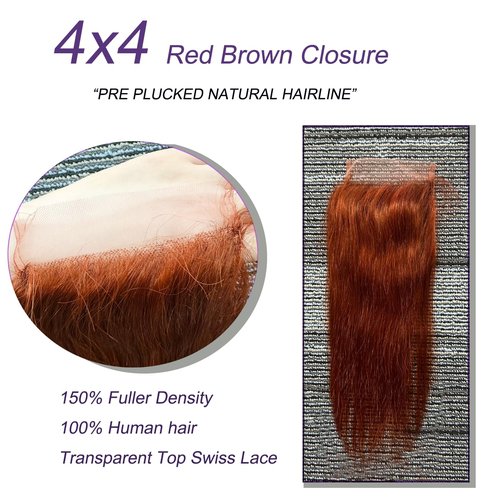 4x4 Straight 20 Inch Closure Transparent 44 Swiss Lace Closure Human Hair Only 12A 100% Unprocessed Brazilian Virgin Remy 150% Density Free Part Pre Plucked With Baby Hair Reddish Brown Color