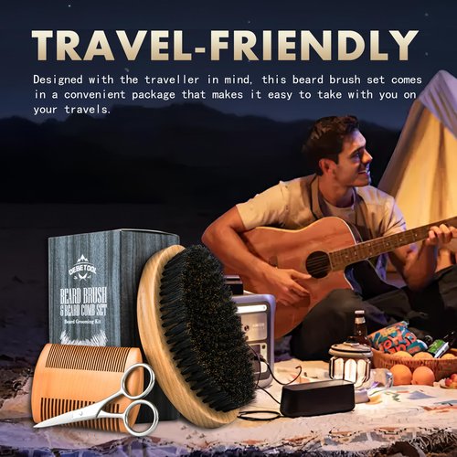 DEBETOOL Boar Bristle Beard Brush for Men - Wooden Beard Brush and Comb Set with Beard Scissors, Pocket Travel Men's Wooden Mustache Brush for Beard Care