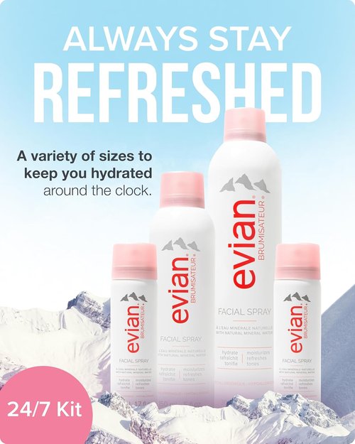 Evian Facial Spray 24/7 Kit - Hydrating Mineral Water Mist for Face & Skin - Refreshes Makeup & Sets - Travel-Friendly Sizes for Daily Hydration