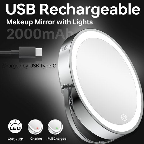 LANSI 1X/20X Wall Mounted Makeup Mirror with Lights, 8" Double Sided Bathroom Magnifying Mirror with 360° Extension Arm, Dimmable, Rechargeable, Touch Control, Chrome