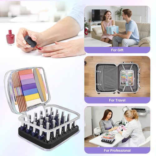 Beloving Nail Polish Organizer, Clear Double Tier Nail Storage Organizer Case Holds 30 Bottles, Portable PVC Nail Tech Bag with Dividers, Nail Polish Supplies Travel Case for Display