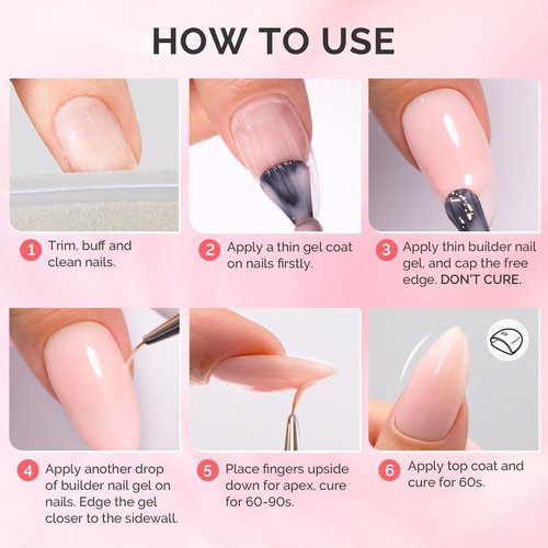 MelodySusie Builder Gel Nail Set for Nails Thickening,6 Colors 15ML Nude Pink Base Colors Clear Rubber Base Gel Polish,Soak Off UV Extension,Rhinestone Nail Glue in a Bottle Gift for Women