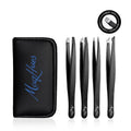 MaqHues Fiber Tip Eyebrow Tweezers Set for Women & Men, 4 Pcs Professional Stainless Steel Tweezer Kit with Slant, Pointed, Flat & Pointed-Slant Tips for Facial Hair & Eyebrow Removal (Black)