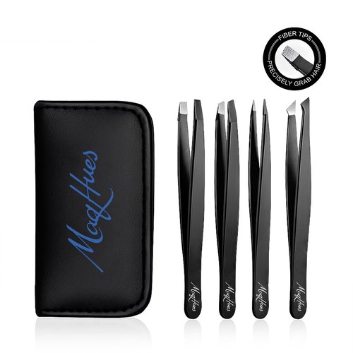 MaqHues Fiber Tip Eyebrow Tweezers Set for Women & Men, 4 Pcs Professional Stainless Steel Tweezer Kit with Slant, Pointed, Flat & Pointed-Slant Tips for Facial Hair & Eyebrow Removal (Black)