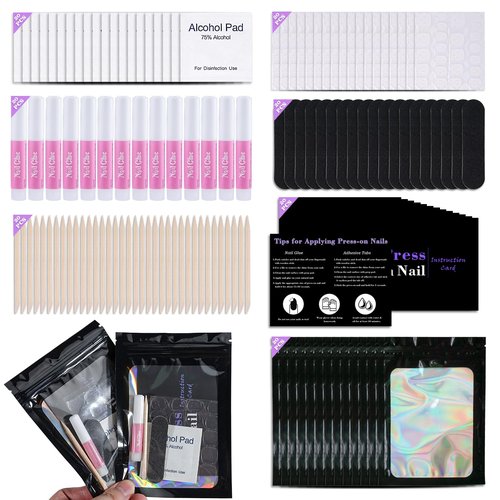 Disposable Nail Supplies Kits,Professional Manicure Press On Nail Tool Kit With Nail File,Adhesive Tabs,Nail Glue,Sticks, Prep Pads,Bags,Cards for Nail Business(Black-140pcs20set)