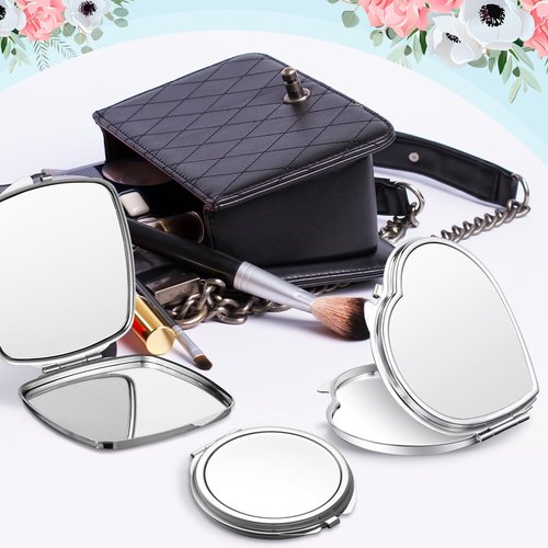 Jetec 12 Pcs Sublimation Blanks Products Small Compact Mirror Bulk Heat Transfer Folding Pocket Makeup Mirror Heart Round Square Double Sided Handheld Sublimation Mirror for Women Gift Purse Travel