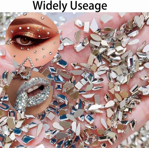 6400Pcs Silver Clear Nail Rhinestones, 600Pcs Multishapes Big Nail Gemstones +5800Pcs 1.5-6.5mm Flat Back Round Crystal Beads with B7000, Nail Decals, Multsize Flat Back Glass Stones for DIY Art