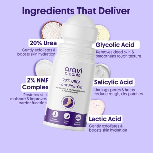 Aravi Organic 20% Urea Foot Roll-On for Dry, Rough & Cracked Feet | 0.5% Salicylic Acid, 5% Lactic Acid, 2% Glycolic Acid & 2% NMF Complex | Smooth & Soft Heels & Reduces Sweat - 1.6 FL Oz / 50ml