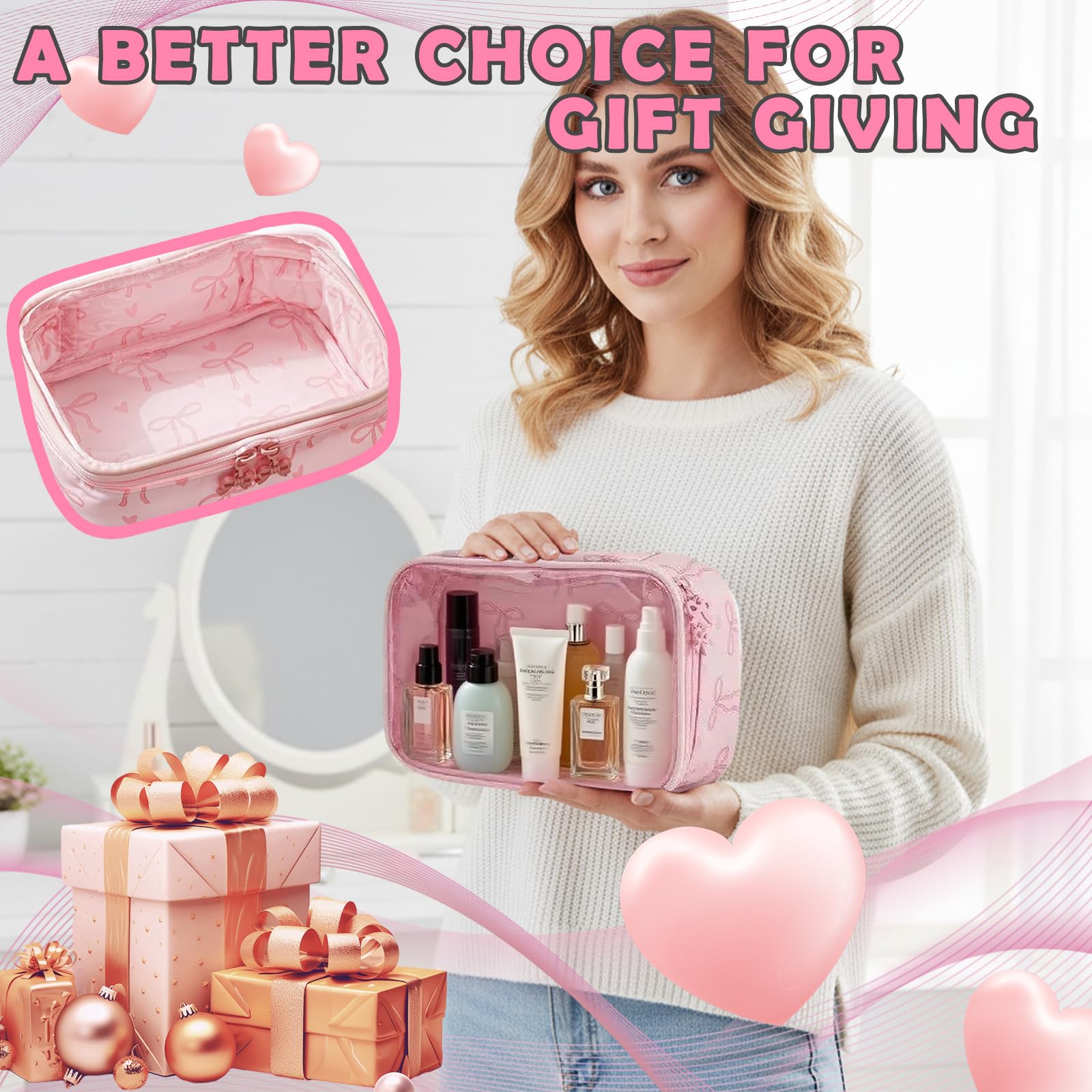 Werncy Women's bow cosmetic bag, transparent waterproof suitable for travel cute cosmetic bag girlfriend mother bridesmaid gift