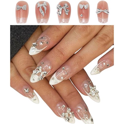 70Pcs Bow Nail Charms,Silver Gold Nail Art Charms Bows Nail Gem Stones,3D Metal Alloy Bowknots Butterfly Charms for Nails, Small Nail Jewels Jewelry Decoration Stuff Supplies for Craft DIY