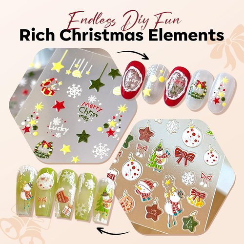 modelones Christmas Nail Stickers 3D Self-Adhesive nail decals Christmas Tree, Snowflakes, Santa Claus, Reindeer & Snowman, Winter Holiday Christmas DIY Nail Stickers for Women & Kids 5Pcs