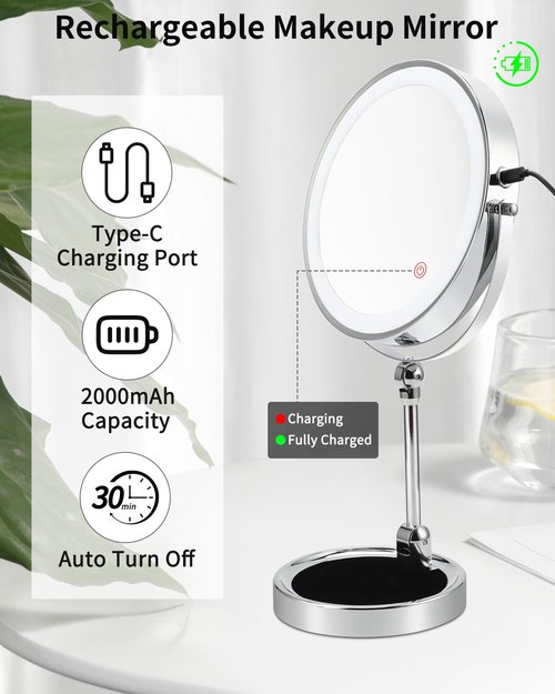 MILONT 9" Lighted Makeup Mirror,1X/10X Magnifying Vanity Mirror with Height & Brightness Adjustable,Rechargable Makeup Mirror,360°Rotation Double Sided Standing Desk Mirror (Polish Chrome)