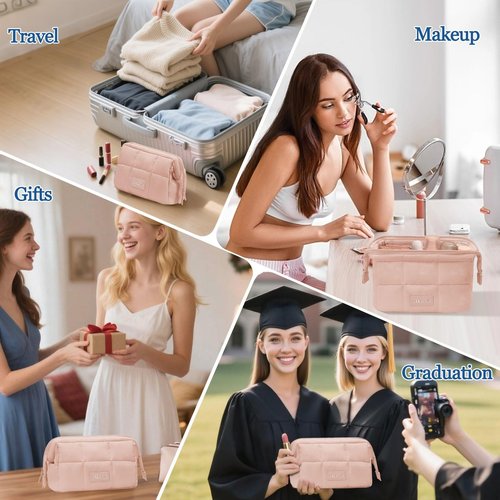 DSDCDJ Puffy Makeup Bag Travel Toiletry Bag, Waterproof Make Up Bag for Women, Lightweight Wide-open Cosmetic Bag with Multiple Compartments, Pouch Travel Essentials Toiletries, Pink
