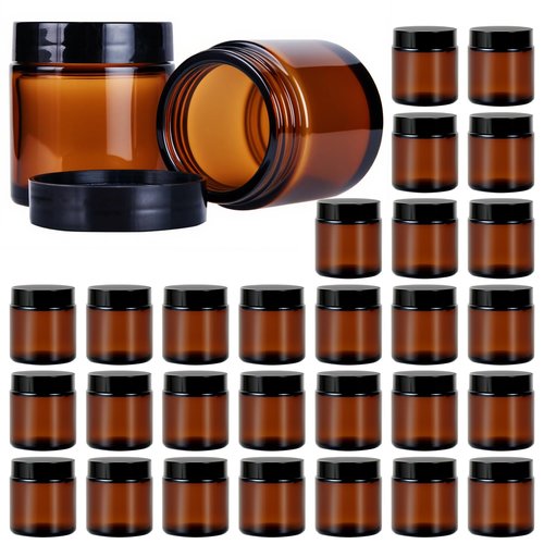 4oz Glass Jars with Lids, Hoa Kinh 30 Pack Amber Empty Cosmetic Containers Round Airtight Glass Jar with Black Lids for Storing Lotions, Powders, and Ointments