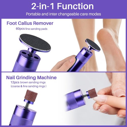 Electric Foot Callus Remover, 2-in-1 Electric Foot Filer/Nail Filer, Callus Remover for Feet with 60Pcs+12Pcs Sandpaper Discs，Holiday Gift Foot Repair Tool, Purple