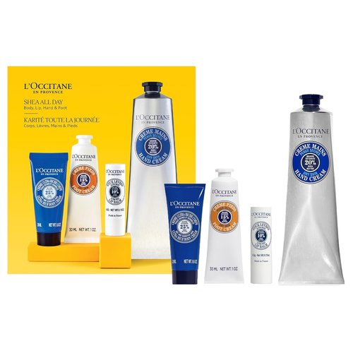 L'OCCITANE Shea All Day Body Skincare Gift Set - Ultra Rich Cream, Hand Lotion, Foot Balm & Lip Care for Hydration