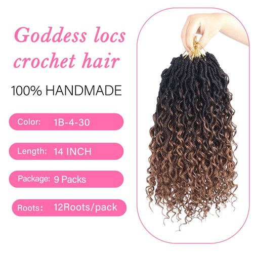 Sosihua Goddess locs crochet hair, 9 packs soft boho faux locs with curly ends bohemian crochet dreads for black women(14Inch,#1B-4-30)