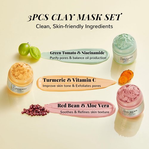 ANAI RUI 3 Pcs Pore Cleansing Face Mask Set Green Tomato Clay Mask - Turmeric Vitamin C Facial Mask Red Bean Refreshing Pore Mask, Relaxing Spa Gift Set Self Care for Women/Teens Girls 2.5 oz each