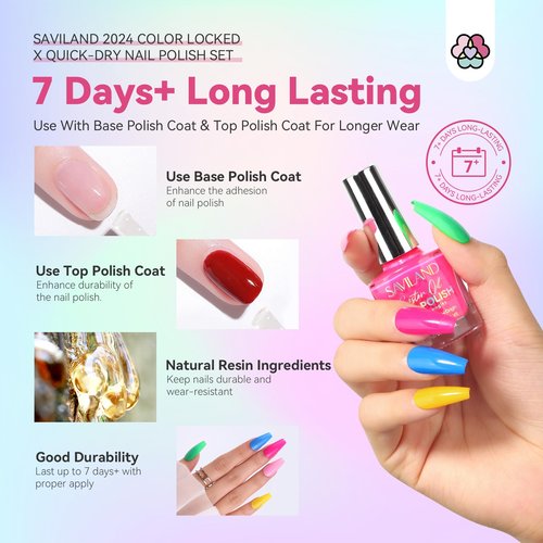 SAVILAND Quick Dry Nail Polish Set: 14 Pcs Neon Summer Nail Polish Fast Dry Hot Pink Red Glitter Nail Polish Regular Fingernail Polish Non Gel with Base-Top Polish for Manicure Nail Art