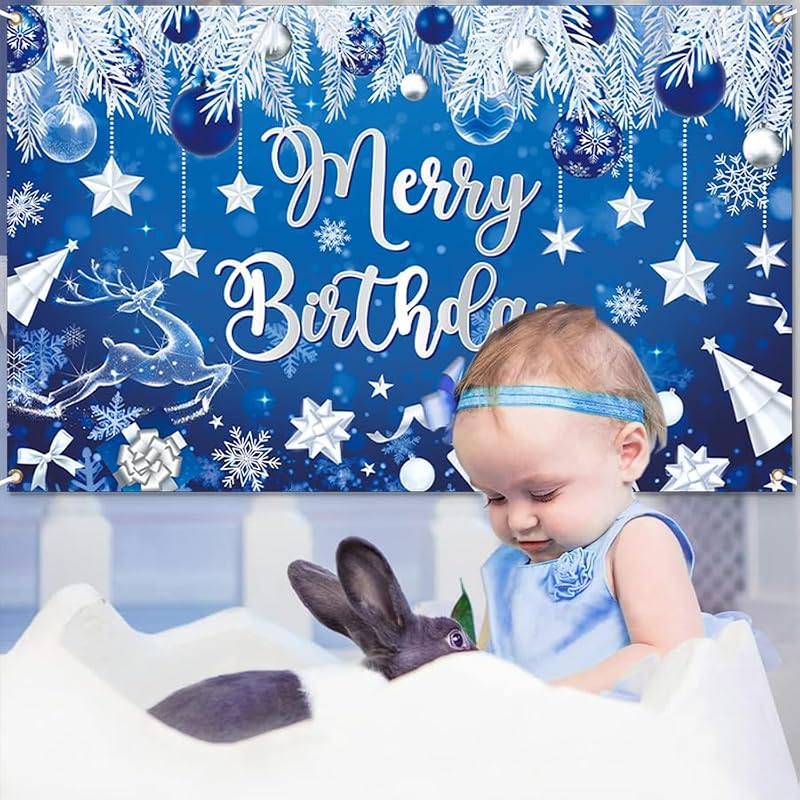 Christmas Birthday Banner Decorations Party Backdrop Blue Happy Holiday