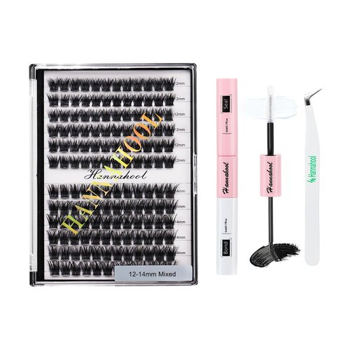 Hannahool 12rows-Large Tray Mixed 8-10-12-14-16mm/Mixed 14-15-16mm/Mixed14mm-16mm/Mixed 18-20mm Wide Stem Individual False Eyelashes Dramatic Black Cluster Eyelashes (Lashes Kit-12-14MM)