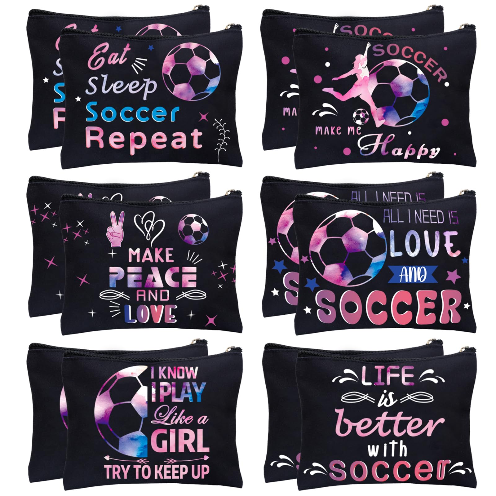yesaior 12Pcs Makeup Bag Travel Pouch Canvas Gifts Cosmetic Bag Portable Storage Bag for Women Girls Team Party Favors (Soccer)