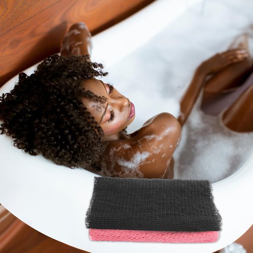 QOPAHI Knotted African Net Sponge, Stretchable African Exfoliating Net with Knots, African Wash Cloth Body Shower Scrubber Nylon Back Scrubber Bath Sponge, Stretch Length to 170cm(Black+Pink)