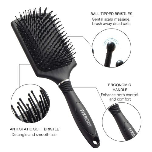 FIXBODY Paddle Brush - Large Cushion Smoothing Detangling Brush for Long Thick Hair | Black Matte