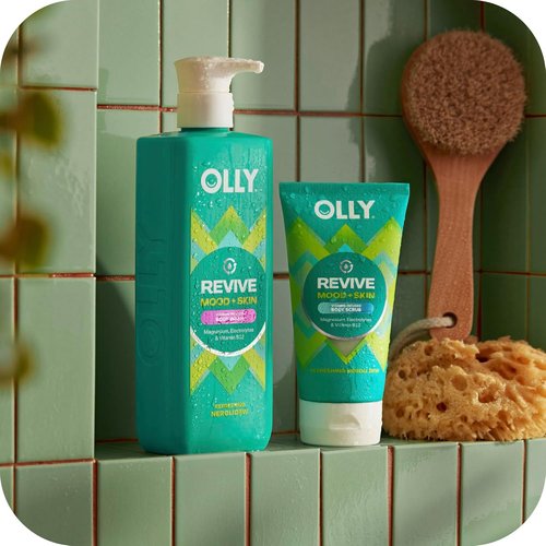 OLLY Revive Body Scrub - Nourishing Skin Exfoliator with Magnesium & Vitamin B12 | Refreshing Nerolidew Scent, 6 oz