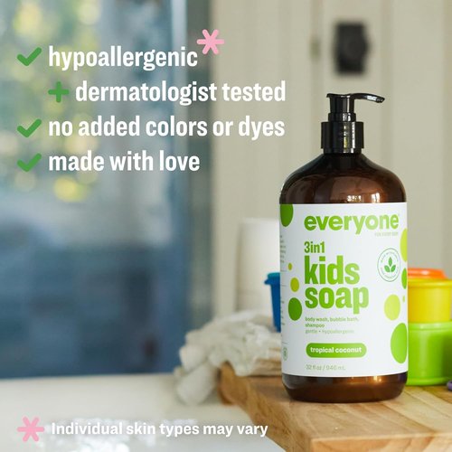 Everyone 3-in-1 Kids Soap - Tropical Coconut Body Wash, Bubble Bath & Shampoo | 32 Ounce (Pack of 2)