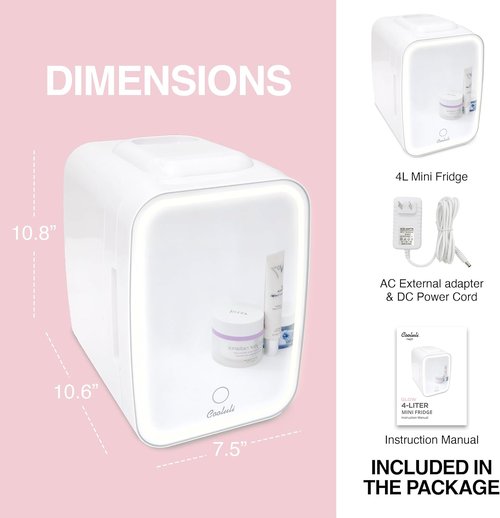 Cooluli Glow Mini Skincare Fridge - 4L with Mirror & LED Light for Beauty, Makeup & Food - White