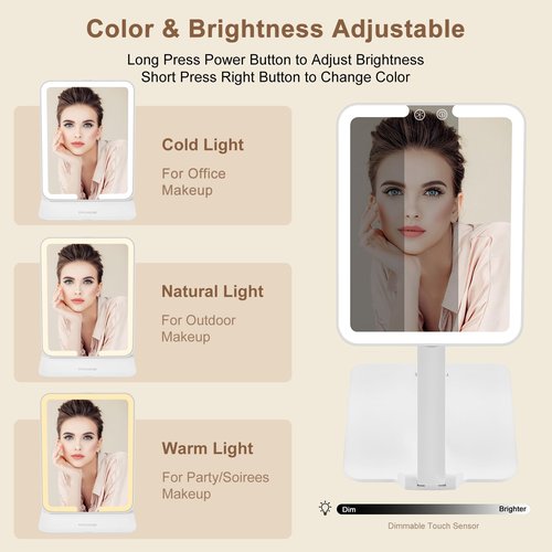 TPCHOIE Lighted Travel Mirror with Rechargeable Light, Adjustable Stand & 3 Light Colors