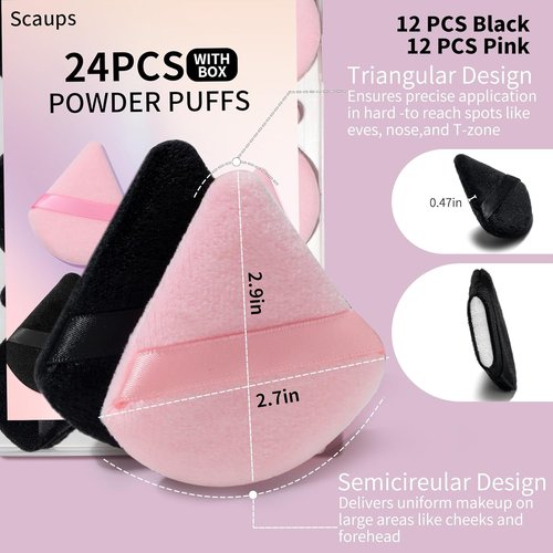Skiennix 24Pcs Powder Puffs - Triangle Makeup Applicators for Flawless Foundation | Black & Pink