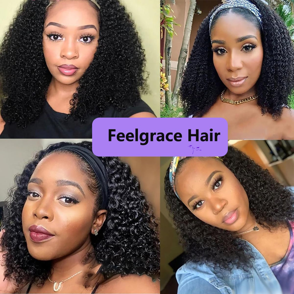 Water Wave Headband Wig Human Hair Glueless None Lace Headband Wig Brazilian Human Hair Machine Made Curly Wigs for Black Women, Short Wigs Kinky Curly Weave 100% Unprocessed Hair 150% Density 12 Inch