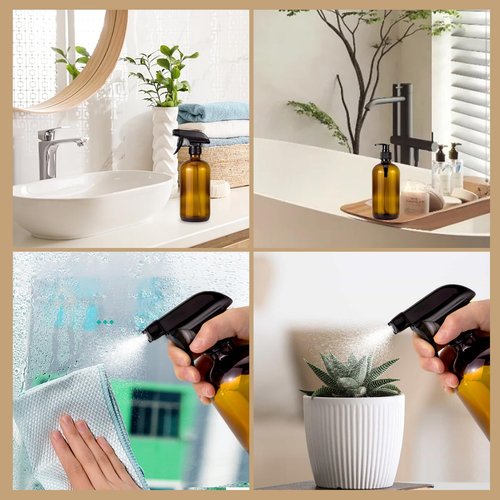 JIUWU 2 Pack 500ml 16.9oz Amber/Brown Glass Spray Bottles, Thickened, Refillable Empty Bottles for Cleaning Solutions, Essential Oils, Hair, Plants, Adjustable Nozzle for Squirt/Mist, Funnel, Label