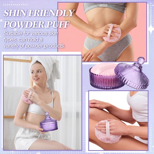 Ferrochef Extra Large Body Powder Puff and Container, 5.5'' Crystal Container with 5.3'' Oversize Dust Powder Puff Washable Reusable Face Body Glitter Wet Dry Makeup for Women(Purple)