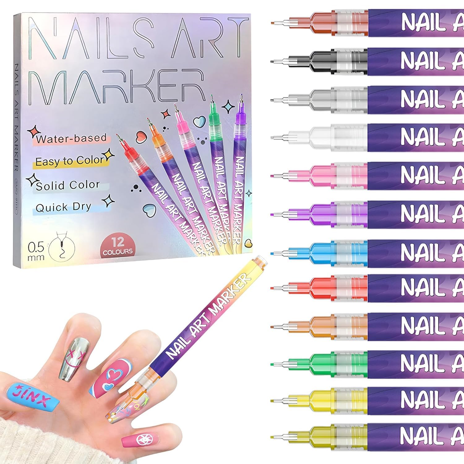 YUEUR 12 Colors Nail Art Pens Set, Fine Tip Nail Polish Pen Markers, Quick Dry Nail Art Kit for DIY Home Salon, Professional Nail Art Tools, Manicure Set Gift for Adults Beginners
