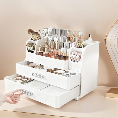 Makeup Organizer with 2 Drawers, Cosmetic Display Case, Storage Holder for Vanity, Bathroom Counter, Desk, Beauty Supplies (All White)