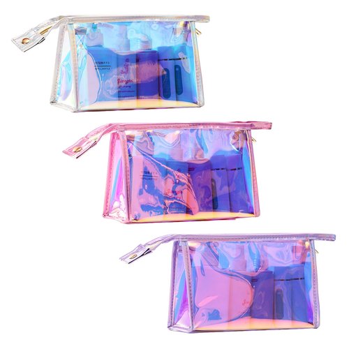 BETAM AJOJO 3 Pcs Holographic Makeup Bags, Iridescent Cosmetic Bag with 3 Colors Waterproof Cosmetic Zipper Bag Clear Portable Toiletries Travel Bag for Makeup Organizer, Brushes, Women Gifts