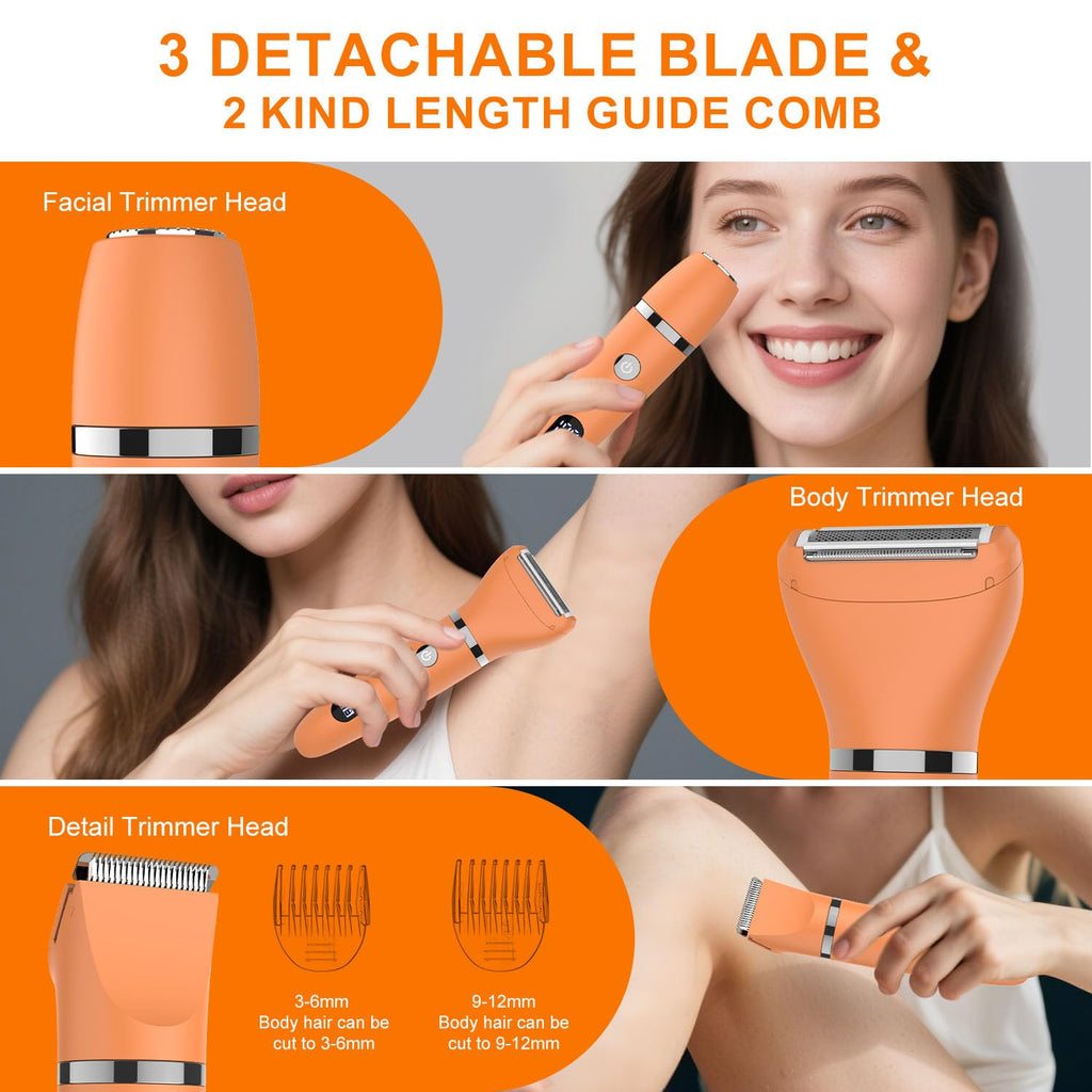 Zivelier 3-in-1 Electric Razor IPX7 Waterproof Bikini Trimmer Wet & Dry Use Painless Personal Trimmer Groomer for Ladies Face Body Legs Bikini Public Hairs Electric Lady Shaver with Replaceable Heads